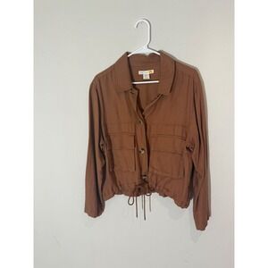C&C California Brown Utility Jacket Cropped Drawstring Button Front Women XS